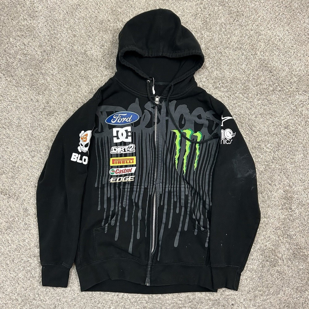 Monster Energy DC Ken Block Full Zip Hoodie Mens Small Black Y2K Sweatshirt